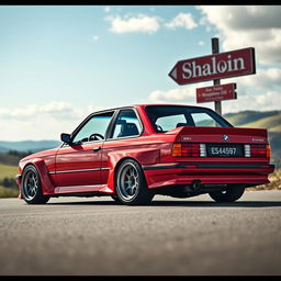 A sporty BMW E30 in a striking red color, featuring a super shine on its body