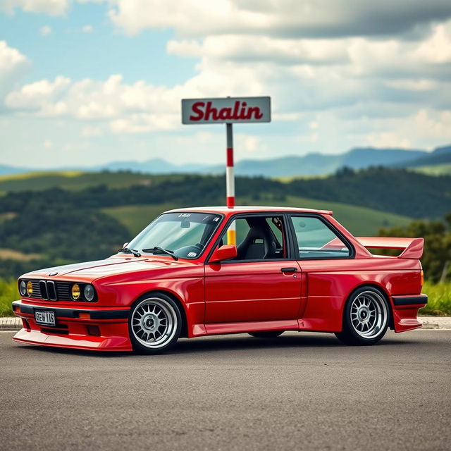 A sporty BMW E30 in a striking red color, featuring a super shine on its body