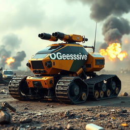 A futuristic reconnaissance machine with tracked wheels, designed in an eye-catching color scheme of gold, black, and military green, prominently displaying the word 'PROGessive' in bold white letters