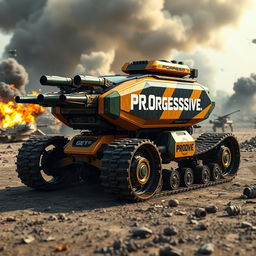 A futuristic reconnaissance machine with tracked wheels, designed in an eye-catching color scheme of gold, black, and military green, prominently displaying the word 'PROGessive' in bold white letters