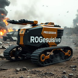 A futuristic reconnaissance machine with tracked wheels, designed in an eye-catching color scheme of gold, black, and military green, prominently displaying the word 'PROGessive' in bold white letters