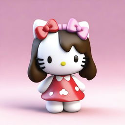 A 3D model of Hello Kitty with long, glossy brown hair.