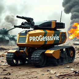 A futuristic reconnaissance machine with tracked wheels, designed in an eye-catching color scheme of gold, black, and military green, prominently displaying the word 'PROGessive' in bold white letters