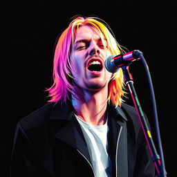 A photorealistic full-body portrait of Kurt Cobain, the punk rock icon, depicted in a dynamic and dramatic moment of his singing performance