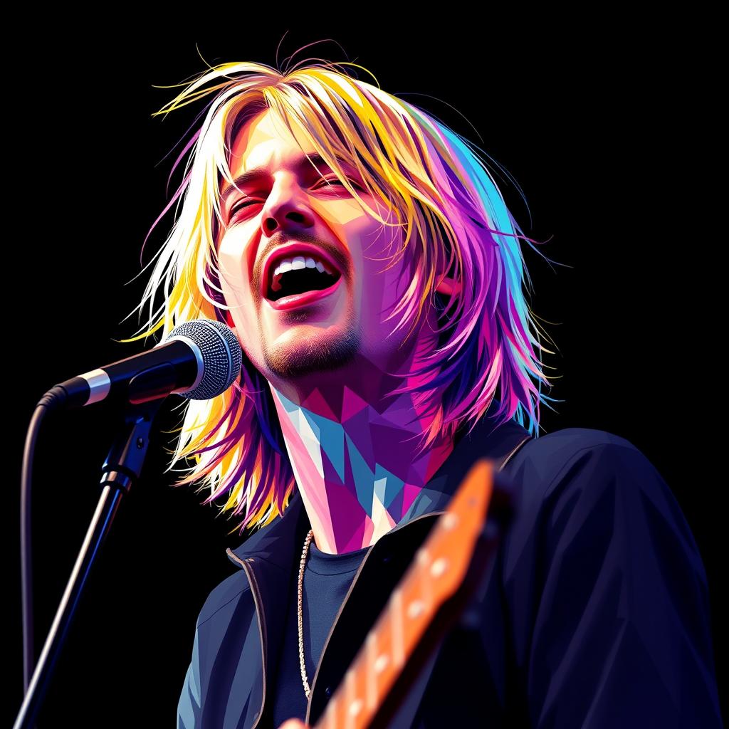 A photorealistic full-body portrait of Kurt Cobain, the punk rock icon, depicted in a dynamic and dramatic moment of his singing performance