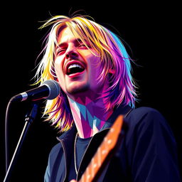 A photorealistic full-body portrait of Kurt Cobain, the punk rock icon, depicted in a dynamic and dramatic moment of his singing performance