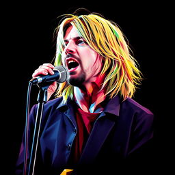 A photorealistic full-body portrait of Kurt Cobain, the punk rock icon, depicted in a dynamic and dramatic moment of his singing performance