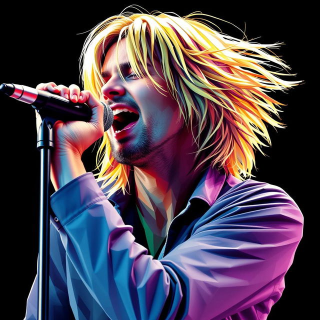 A photorealistic full-body portrait of Kurt Cobain, the punk rock icon, depicted in a dynamic and dramatic moment of his singing performance