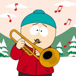 A humorous cartoon-style illustration of Eric Cartman from South Park, joyfully playing a trombone