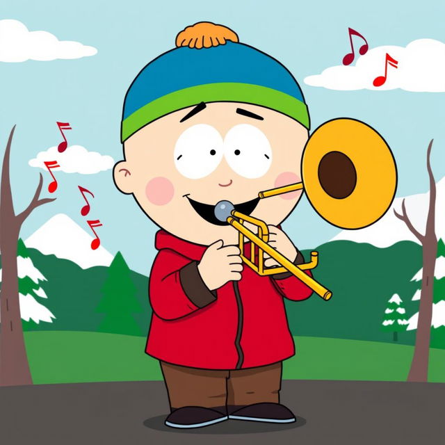 A humorous cartoon-style illustration of Eric Cartman from South Park, joyfully playing a trombone