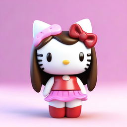 A 3D model of Hello Kitty with long, glossy brown hair.