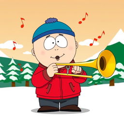 A humorous cartoon-style illustration of Eric Cartman from South Park, joyfully playing a trombone