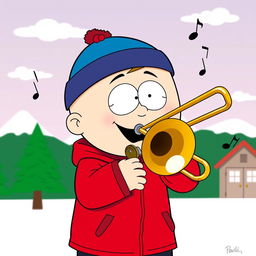 A humorous cartoon-style illustration of Eric Cartman from South Park, joyfully playing a trombone