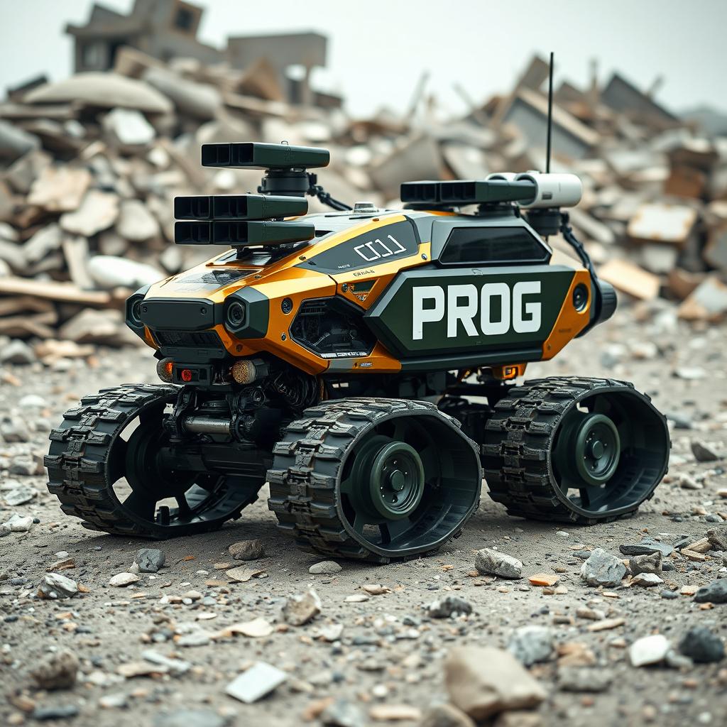 A futuristic reconnaissance machine with tracked wheels, featuring a stunning color scheme of gold, black, and military green