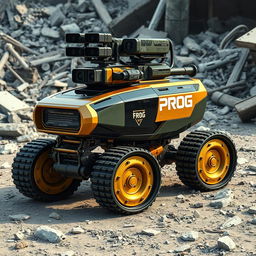 A futuristic reconnaissance machine with tracked wheels, featuring a stunning color scheme of gold, black, and military green