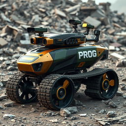 A futuristic reconnaissance machine with tracked wheels, featuring a stunning color scheme of gold, black, and military green