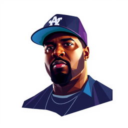 A moody full-body portrait of Ice Cube, the iconic hip-hop artist, illustrated in a striking polygon art style