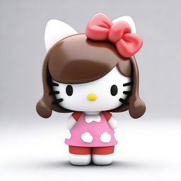 A 3D model of Hello Kitty with long, glossy brown hair.