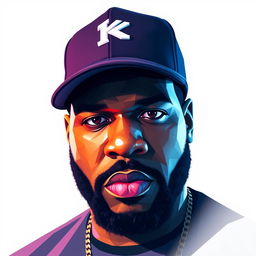 A moody full-body portrait of Ice Cube, the iconic hip-hop artist, illustrated in a striking polygon art style