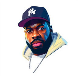 A moody full-body portrait of Ice Cube, the iconic hip-hop artist, illustrated in a striking polygon art style