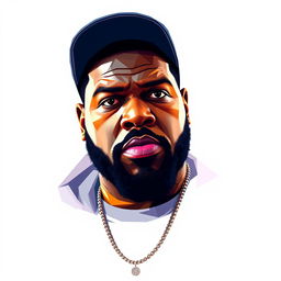 A moody full-body portrait of Ice Cube, the iconic hip-hop artist, illustrated in a striking polygon art style