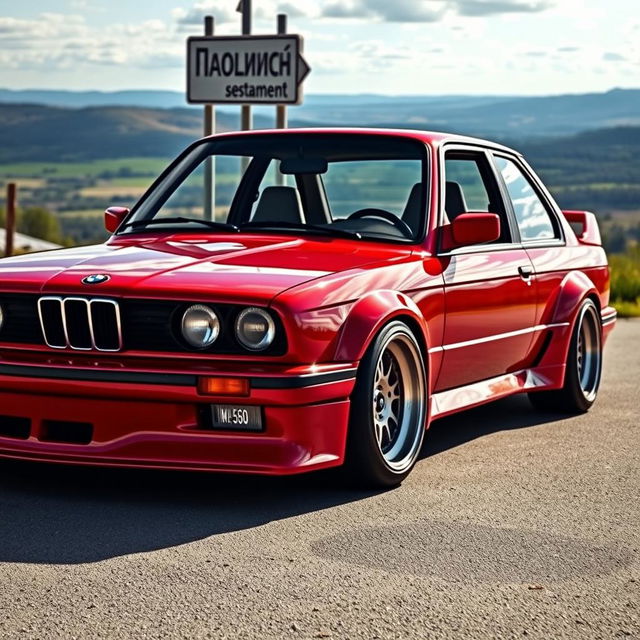 A sporty red BMW E30 gleaming with a super shine on its body, modified and prepared for drifting