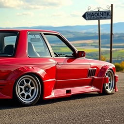 A sporty red BMW E30 gleaming with a super shine on its body, modified and prepared for drifting