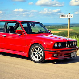 A sporty red BMW E30 gleaming with a super shine on its body, modified and prepared for drifting