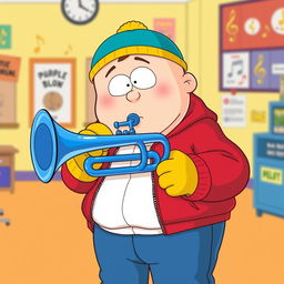 A humorous cartoon scene featuring Eric Cartman, a chubby young boy with a red jacket, yellow mittens, and a blue hat, enthusiastically playing a shiny blue trumpet