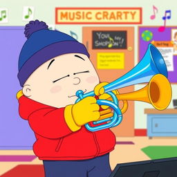 A humorous cartoon scene featuring Eric Cartman, a chubby young boy with a red jacket, yellow mittens, and a blue hat, enthusiastically playing a shiny blue trumpet