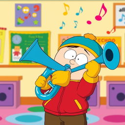 A humorous cartoon scene featuring Eric Cartman, a chubby young boy with a red jacket, yellow mittens, and a blue hat, enthusiastically playing a shiny blue trumpet