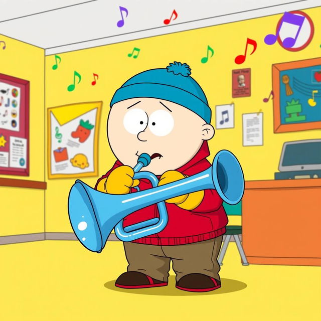 A humorous cartoon scene featuring Eric Cartman, a chubby young boy with a red jacket, yellow mittens, and a blue hat, enthusiastically playing a shiny blue trumpet