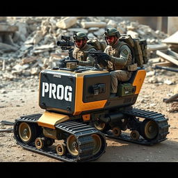 Two special operations soldiers remotely operating a futuristic reconnaissance machine with tracked wheels, featuring a striking color scheme of gold, black, and military green