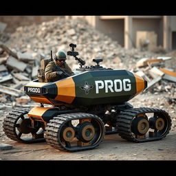 Two special operations soldiers remotely operating a futuristic reconnaissance machine with tracked wheels, featuring a striking color scheme of gold, black, and military green