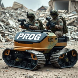 Two special operations soldiers remotely operating a futuristic reconnaissance machine with tracked wheels, featuring a striking color scheme of gold, black, and military green