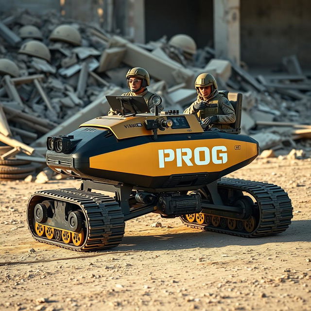 Two special operations soldiers remotely operating a futuristic reconnaissance machine with tracked wheels, featuring a striking color scheme of gold, black, and military green