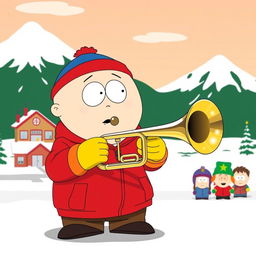 A humorous scene set in the animated world of South Park, featuring Eric Cartman, a chubby young boy in a red jacket, yellow mittens, and a blue hat