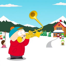 A humorous scene set in the animated world of South Park, featuring Eric Cartman, a chubby young boy in a red jacket, yellow mittens, and a blue hat