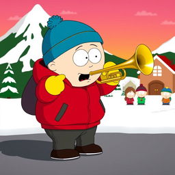A humorous scene set in the animated world of South Park, featuring Eric Cartman, a chubby young boy in a red jacket, yellow mittens, and a blue hat