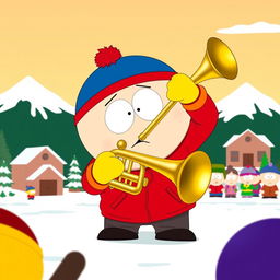 A humorous scene set in the animated world of South Park, featuring Eric Cartman, a chubby young boy in a red jacket, yellow mittens, and a blue hat