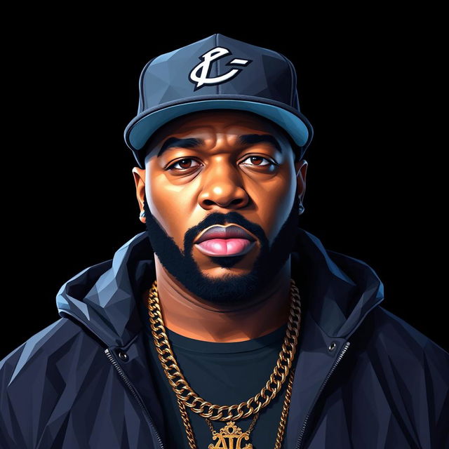 A photorealistic portrait of a Hip-Hop icon, featuring Ice Cube in a full-body pose