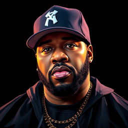 A photorealistic portrait of a Hip-Hop icon, featuring Ice Cube in a full-body pose