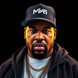 A photorealistic portrait of a Hip-Hop icon, featuring Ice Cube in a full-body pose
