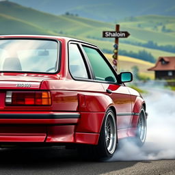 A sporty red BMW E30 with a super shiny body, prepared for drifting