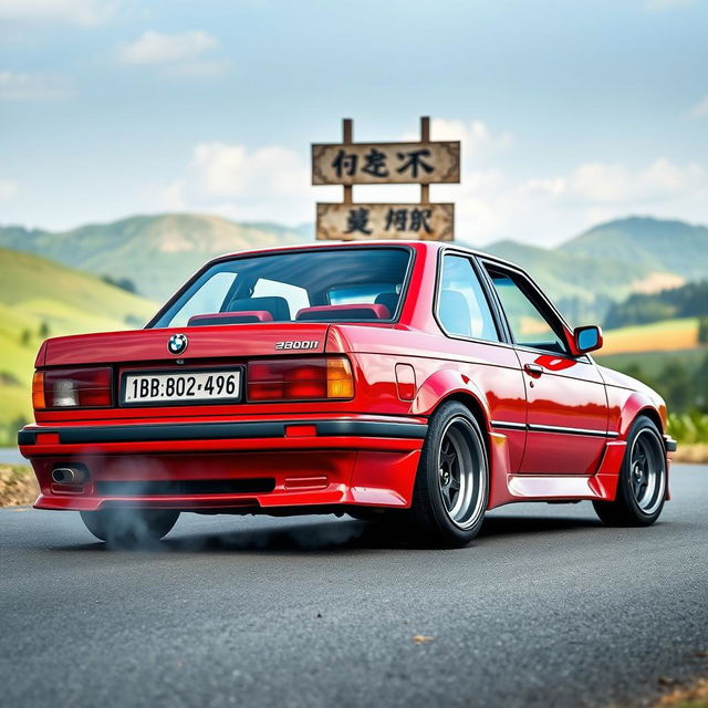 A sporty red BMW E30 with a super shiny body, prepared for drifting