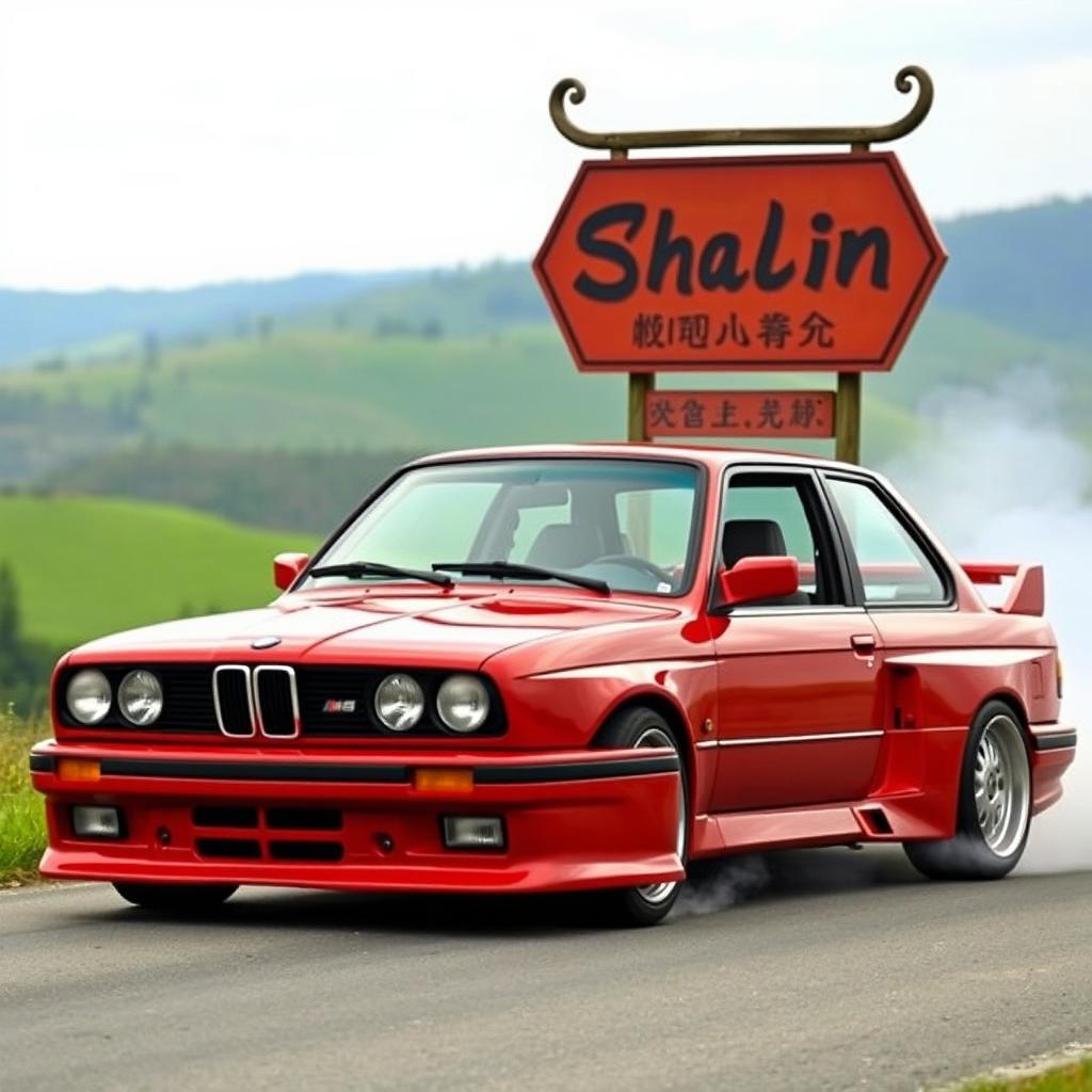 A sporty red BMW E30 with a super shiny body, prepared for drifting