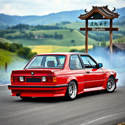 A sporty red BMW E30 with a super shiny body, prepared for drifting