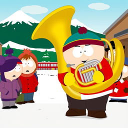 A comical scene set in the animated world of South Park, featuring Eric Cartman, a chubby young boy dressed in his iconic red jacket, yellow mittens, and blue hat, attempting to play a large brass tuba