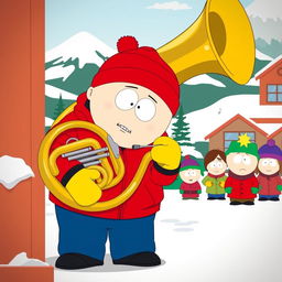 A comical scene set in the animated world of South Park, featuring Eric Cartman, a chubby young boy dressed in his iconic red jacket, yellow mittens, and blue hat, attempting to play a large brass tuba