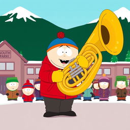 A comical scene set in the animated world of South Park, featuring Eric Cartman, a chubby young boy dressed in his iconic red jacket, yellow mittens, and blue hat, attempting to play a large brass tuba